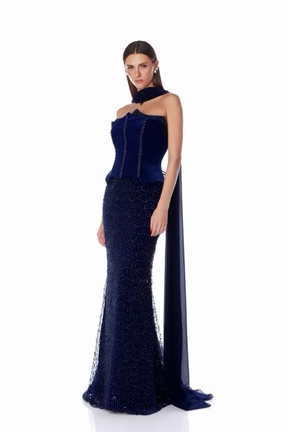 Dunkelblaues Satin Bustier Top Pailletten Meerjungfrau Abend Set